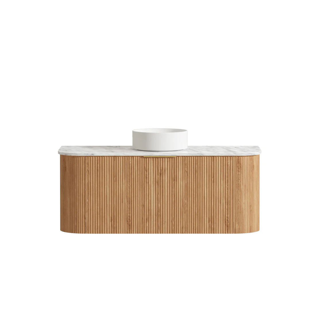 Otti Bondi Woodland Oak Fluted Vanity 1200X460X450 W/Hung Cabinet Natural Carrara Marble - Image 2