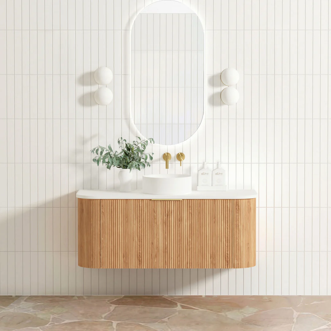 Otti Bondi Woodland Oak Fluted Vanity 1200X460X450 W/Hung Cabinet Pure White Stone Top - Image 2