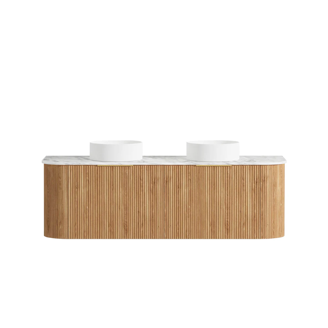 Otti Bondi Woodland Oak Fluted Vanity 1500X460X450 W/Hung Cabinet Natural Carrara Marble - Image 2
