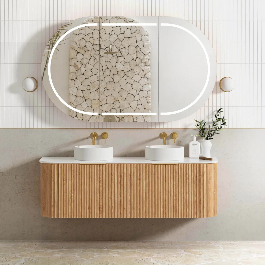 Otti Bondi Woodland Oak Fluted Vanity 1500X460X450 W/Hung Cabinet Pure White Stone Top - Image 2
