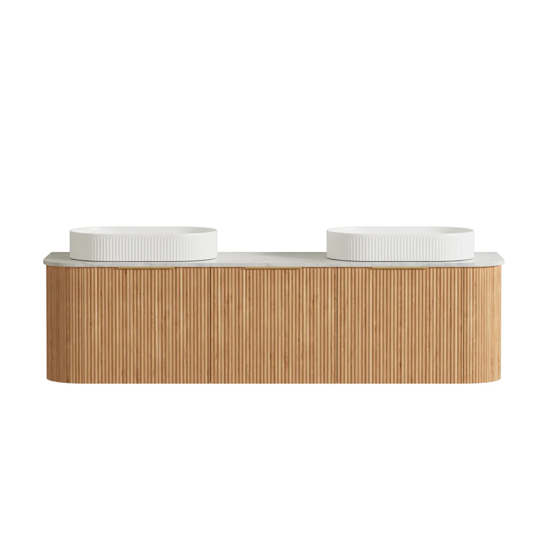 Otti Bondi Woodland Oak Fluted Vanity 1800X460X450 W/Hung Cabinet Natural Carrara Marble