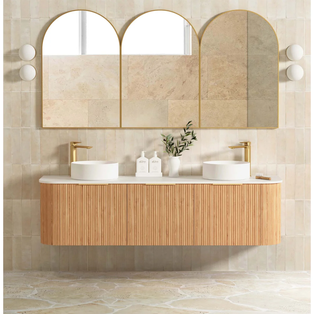 Otti Bondi Woodland Oak Fluted Vanity 1800X460X450 W/Hung Cabinet Pure White Stone Top - Image 2