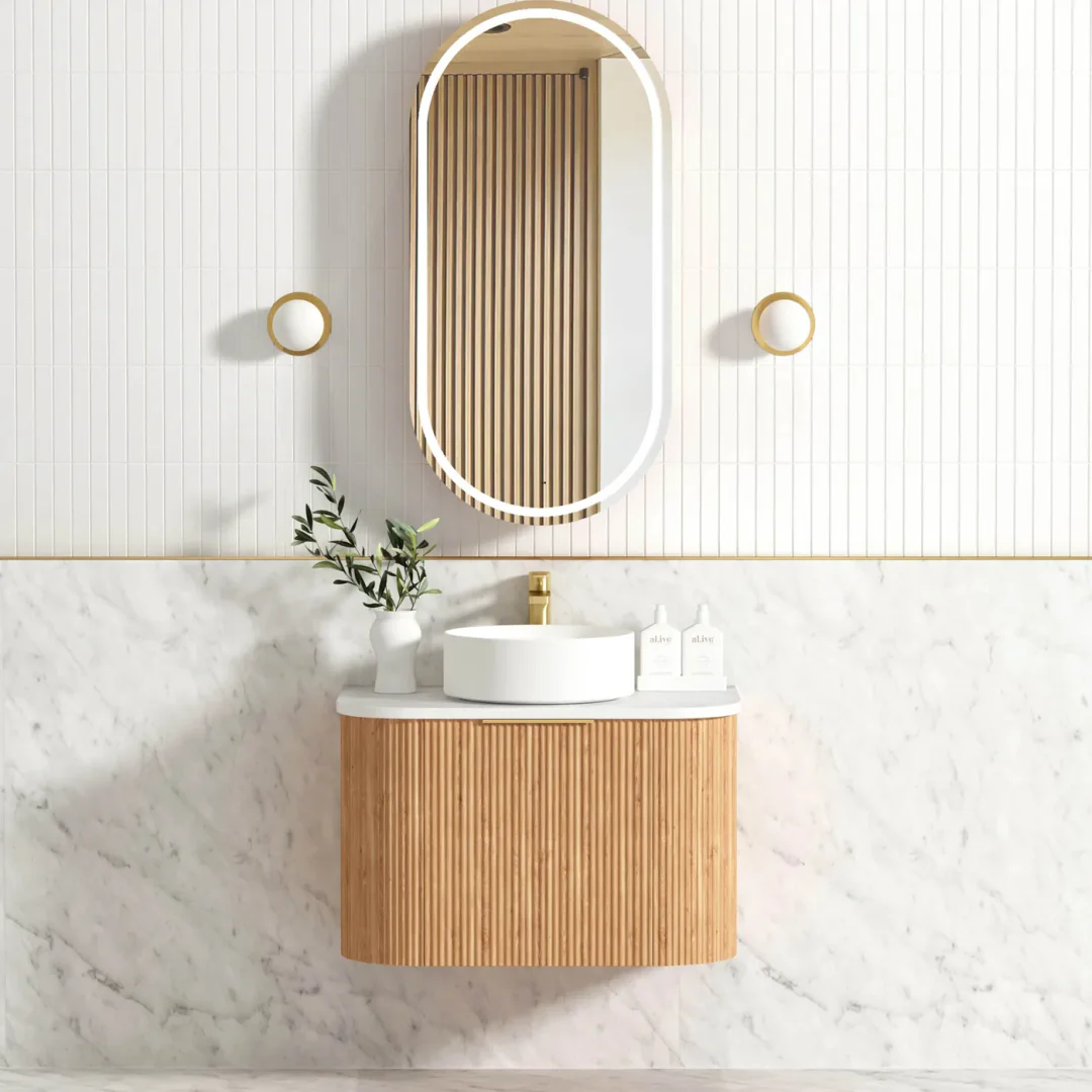 Otti Bondi Woodland Oak Fluted Vanity 750X460X450 W/Hung Cabinet Natural Carrara Marble - Image 4