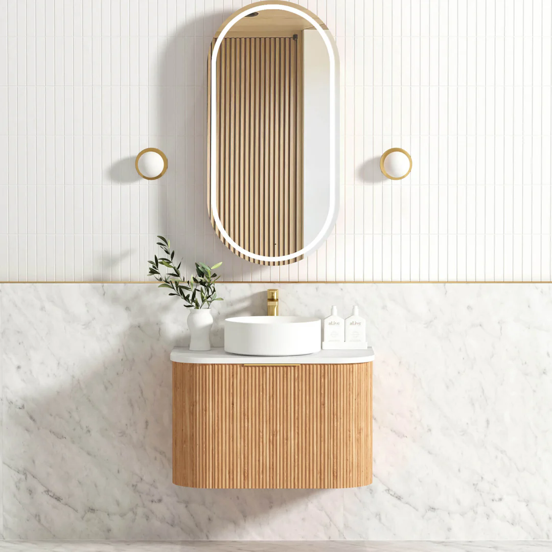 Otti Bondi Woodland Oak Fluted Vanity 750X460X450 W/Hung Cabinet Pure White Stone Top - Image 2