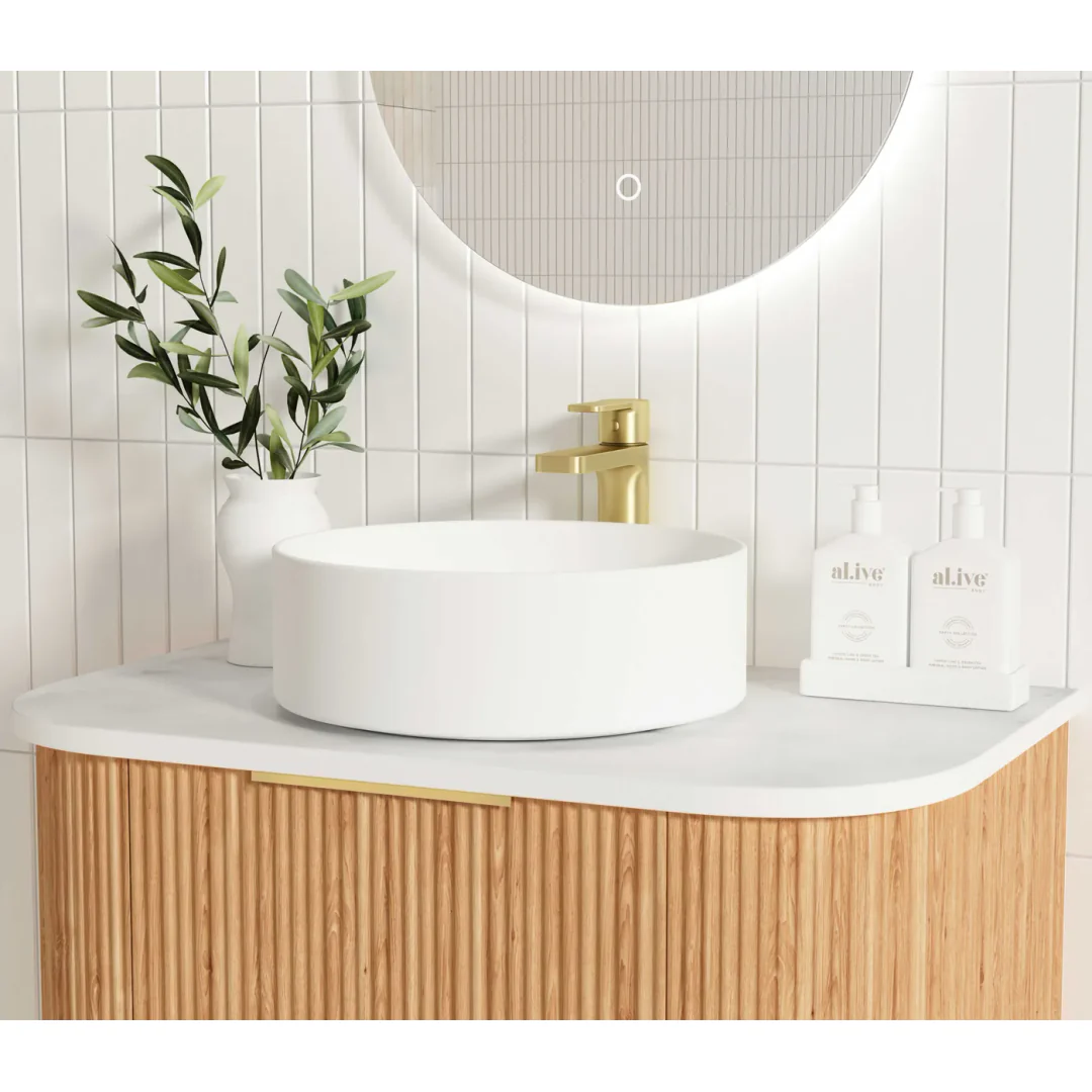 Otti Bondi Woodland Oak Fluted Vanity 750X460X450 W/Hung Cabinet Pure White Stone Top - Image 4