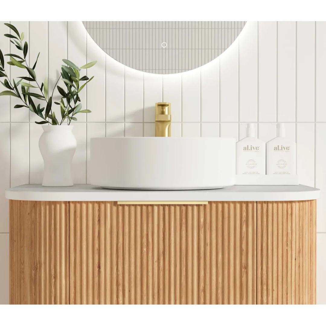 Otti Bondi Woodland Oak Fluted Vanity 750X460X450 W/Hung Cabinet Pure White Stone Top - Image 6