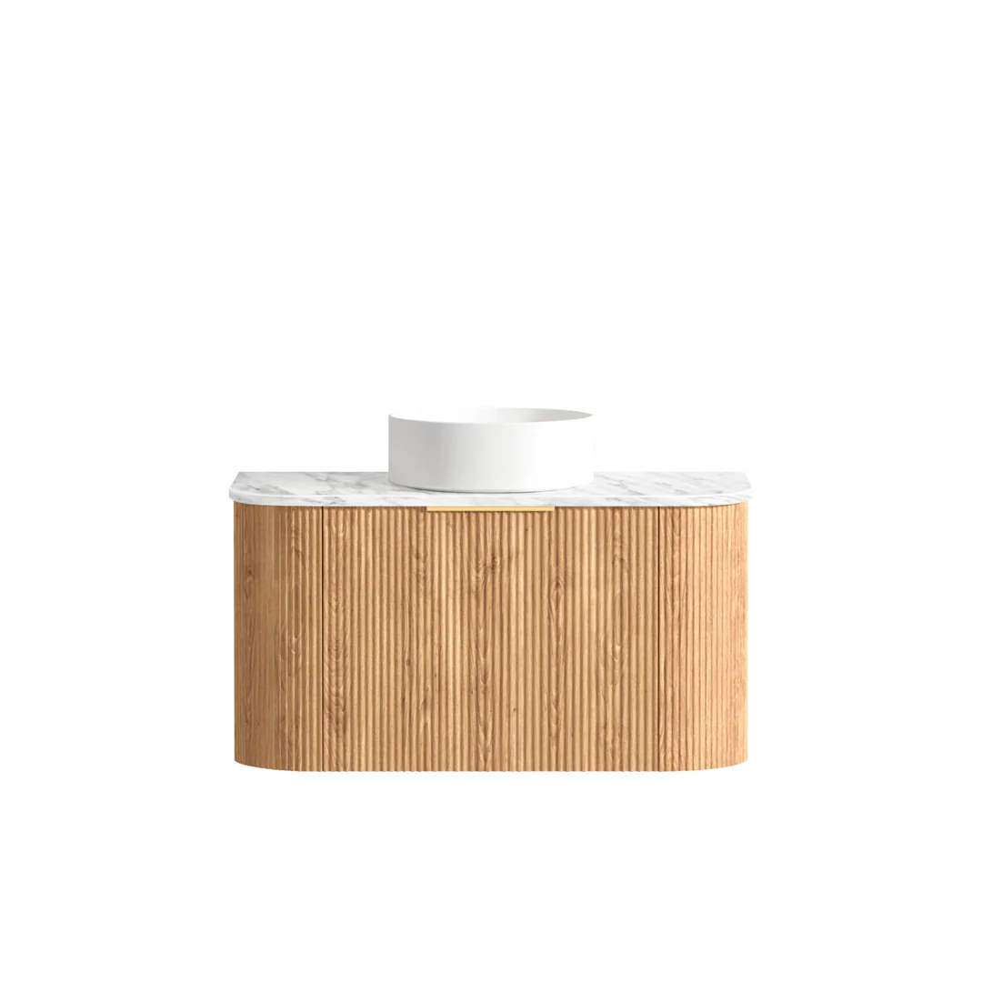 Otti Bondi Woodland Oak Fluted Vanity 900X460X450 W/Hung Cabinet Natural Carrara Marble - Image 2