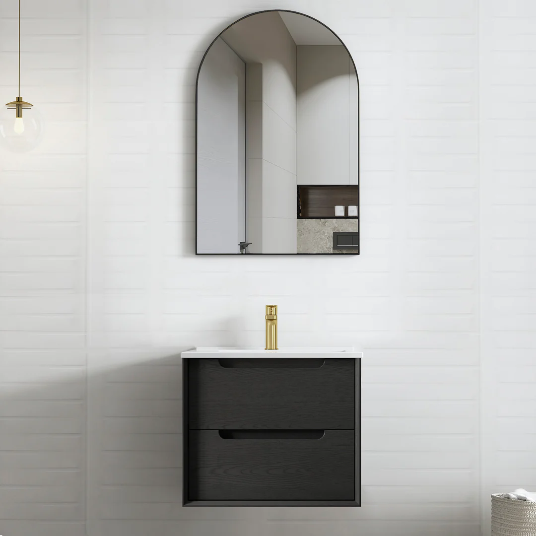 Otti Byron 600X460X550 Wall Hung Black Oak Plywood Vanity With Slimline Ceramic Top