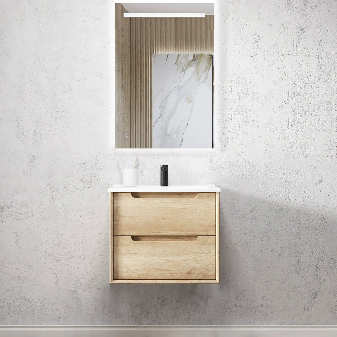 Otti Byron 600X460X550 Wall Hung Natural Oak Plywood Vanity With Slimline Ceramic Top - Image 2
