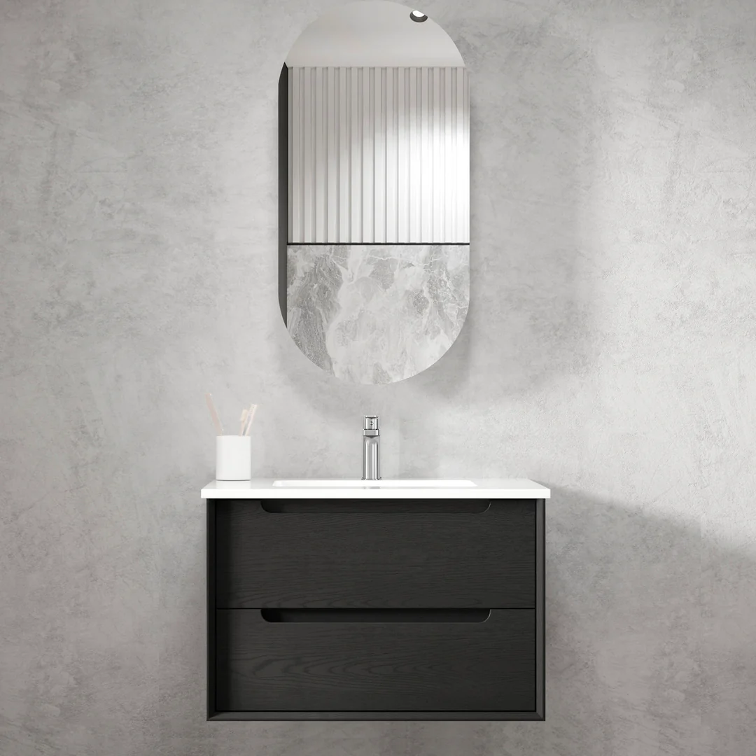 Otti Byron 750X460X550 Wall Hung Natural Oak Plywood Vanity With Pure White Stone Top
