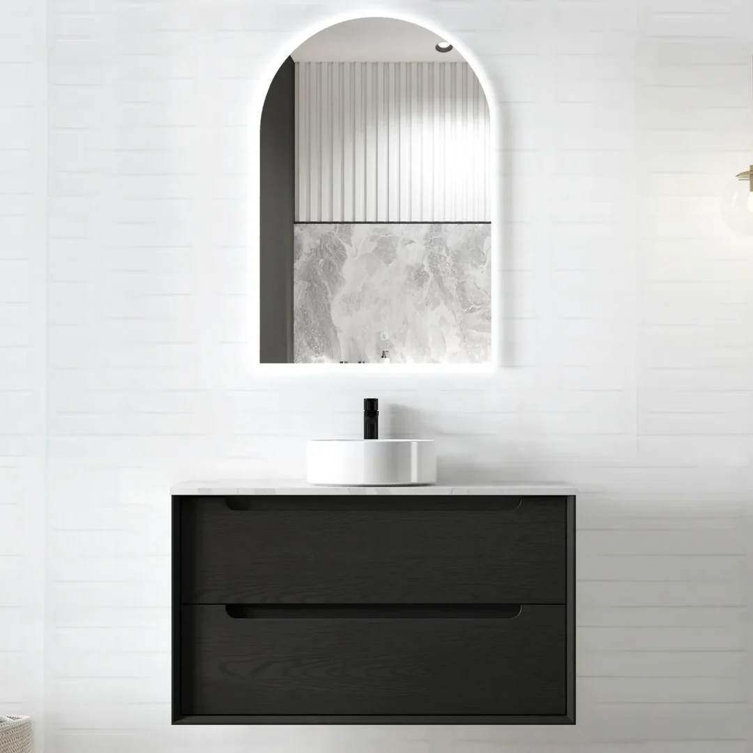 Otti Byron 900 Black Oak Plywood Vanity With Carrara Stone Top 12 O'Clock Taphole