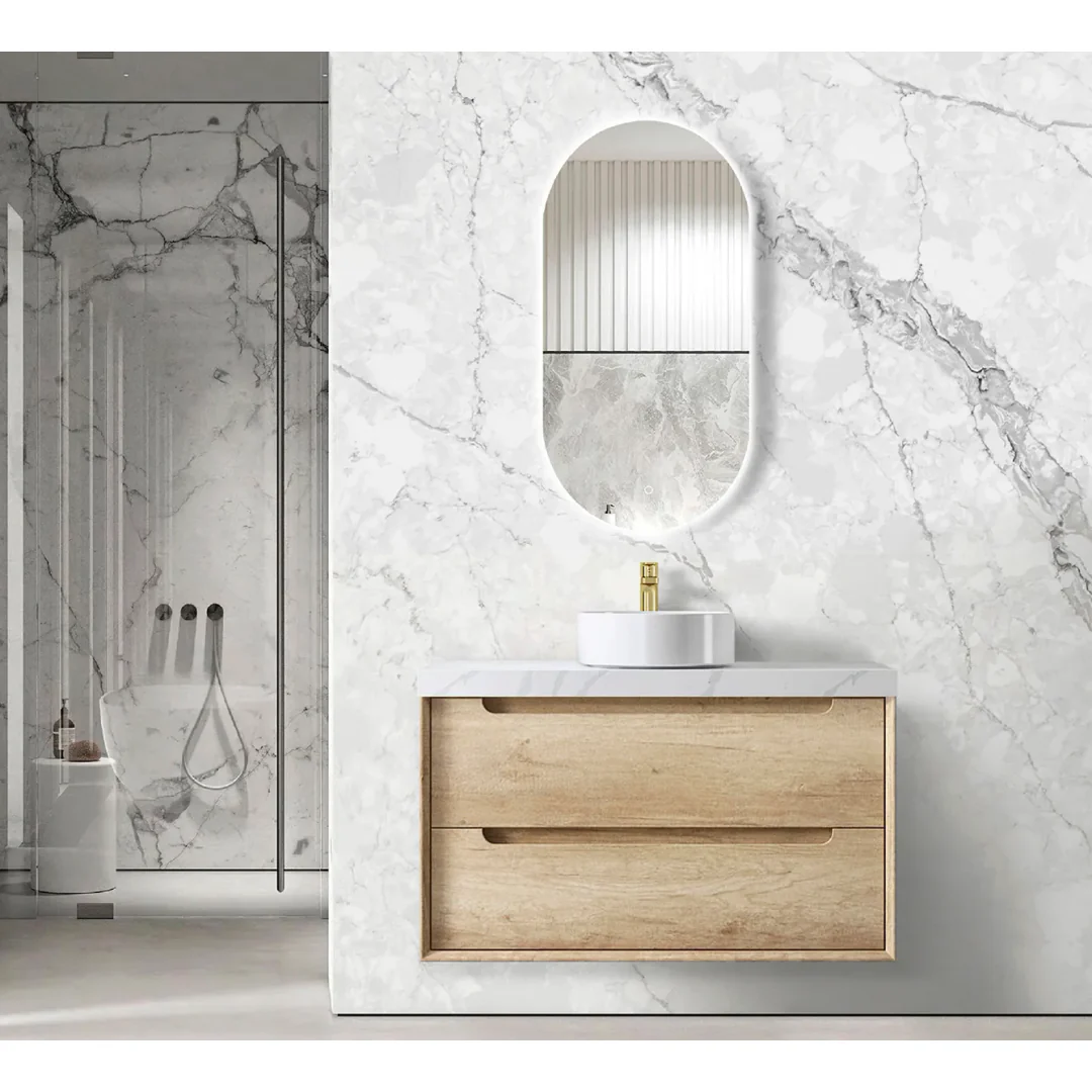 Otti Byron 900 Natural Oak Plywood Vanity With Carrara Stone Top 12 O'Clock Taphole