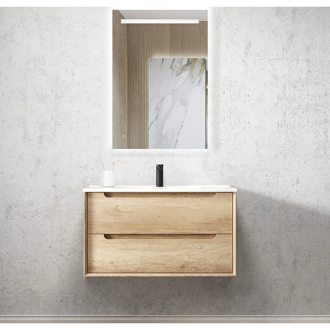 Otti Byron 900X460X550 Wall Hung Natural Oak Plywood Vanity With Slimline Ceramic Top - Image 2