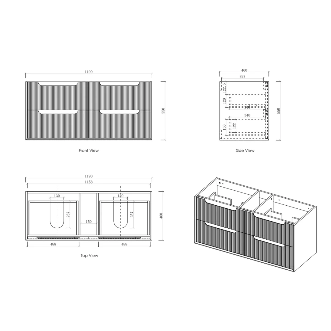 Otti Byron Fluted 1200 Woodland Oak Wall Hung Cabinet Only With 4 Drawers - Image 2