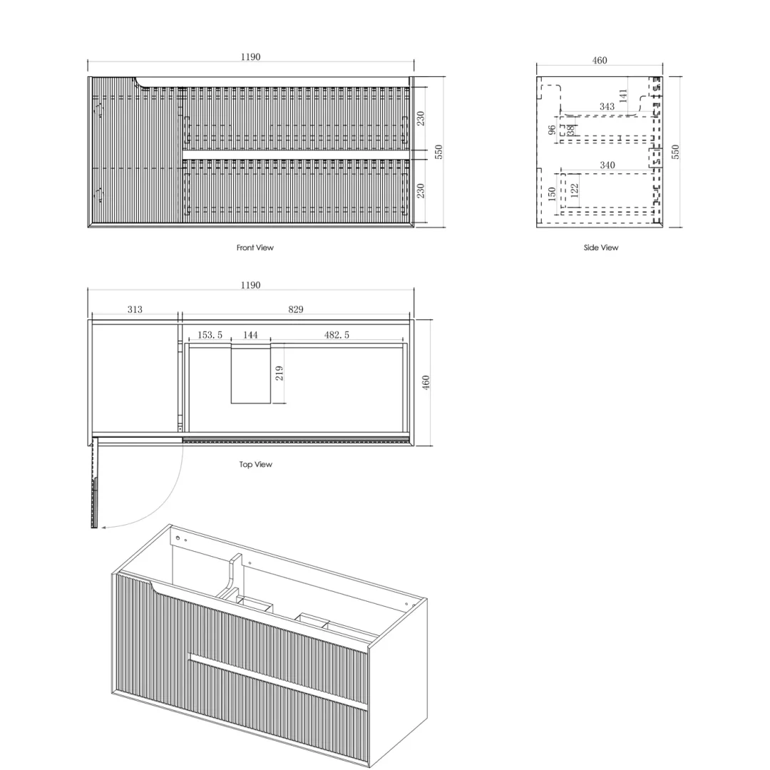 Otti Byron Fluted 1200 Woodland Oak Wall Hung Vanity With Cloudy Carrara Top - Image 2
