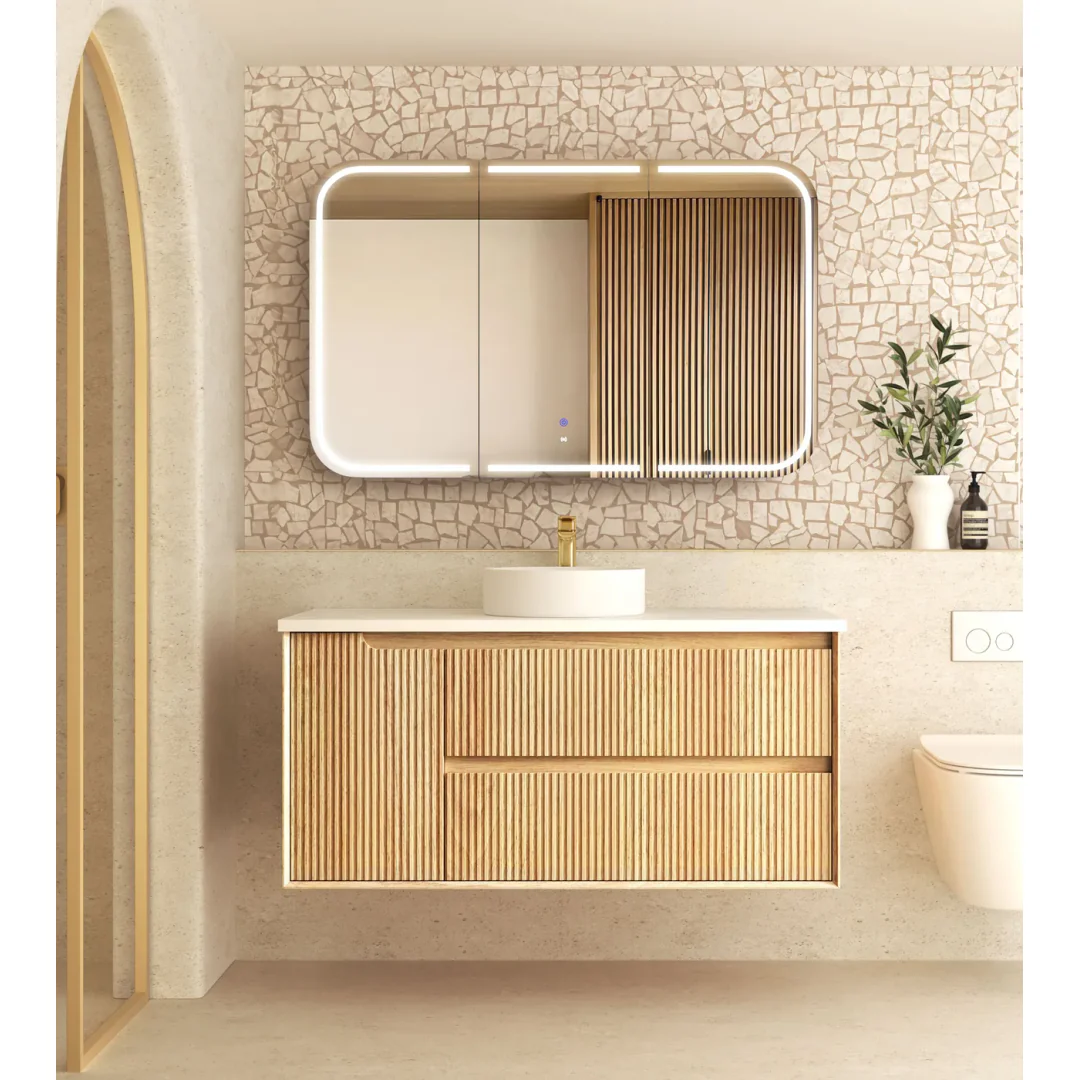 Otti Byron Fluted 1200 Woodland Oak Wall Hung Vanity With Natural Carrara Marble Top - Image 3