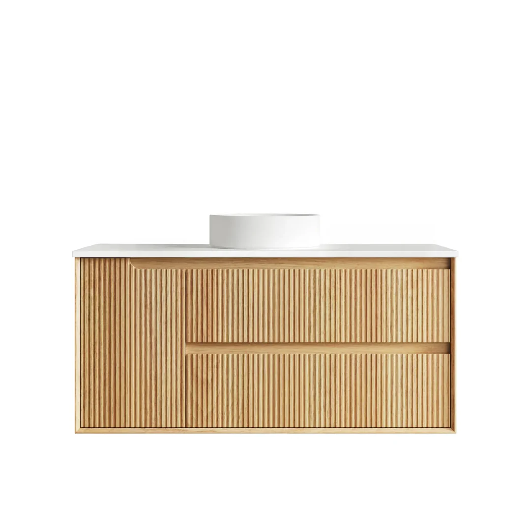 Otti Byron Fluted 1200 Woodland Oak Wall Hung Vanity With Pure White Top
