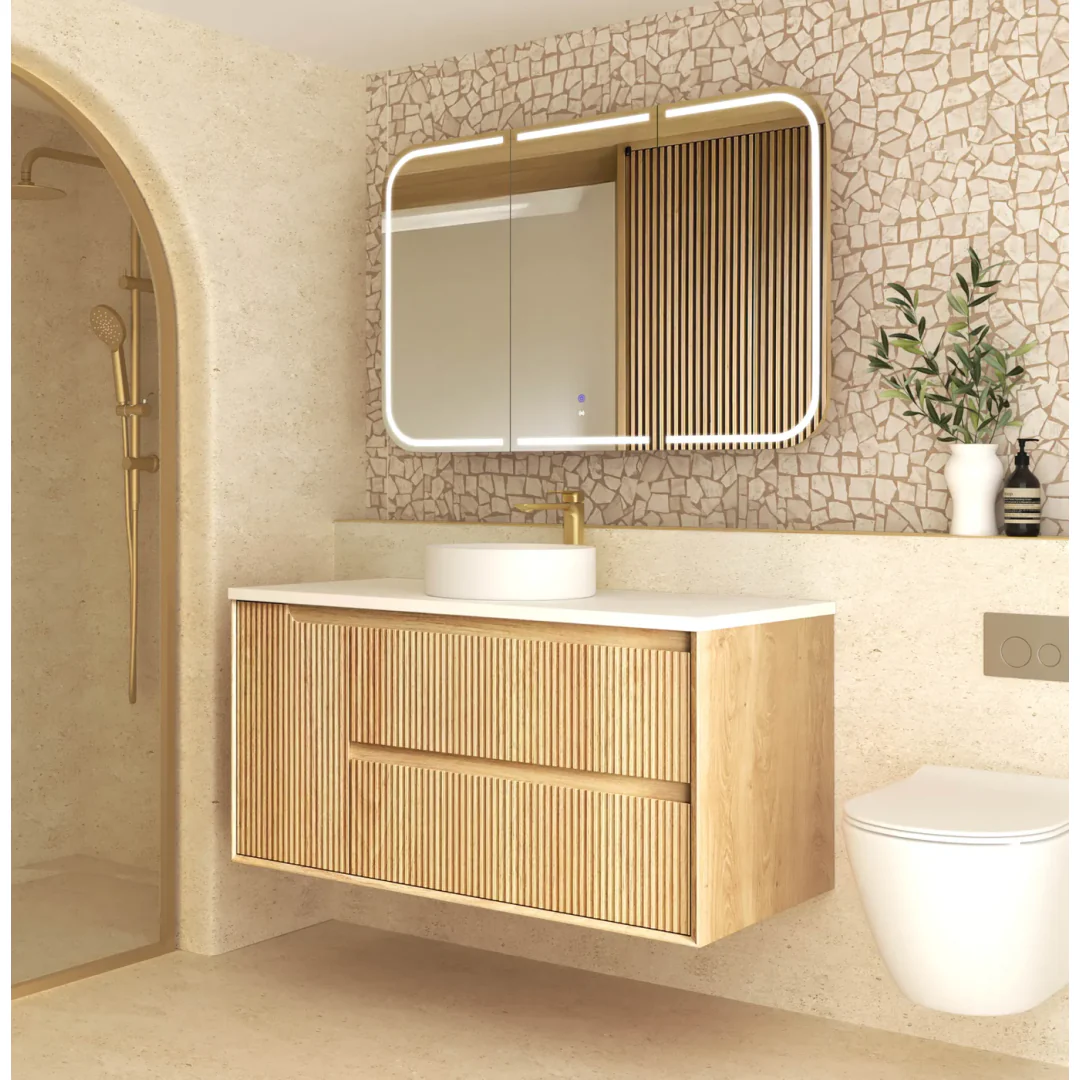 Otti Byron Fluted 1200 Woodland Oak Wall Hung Vanity With Pure White Top - Image 4