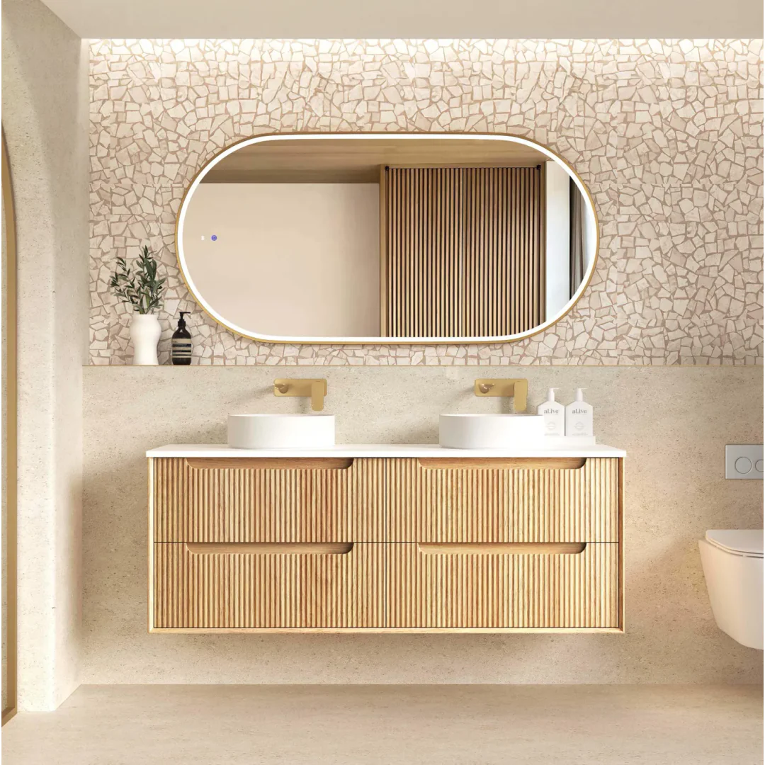 Otti Byron Fluted 1500 Woodland Oak Wall Hung Vanity With Cloudy Carrara Top - Image 3