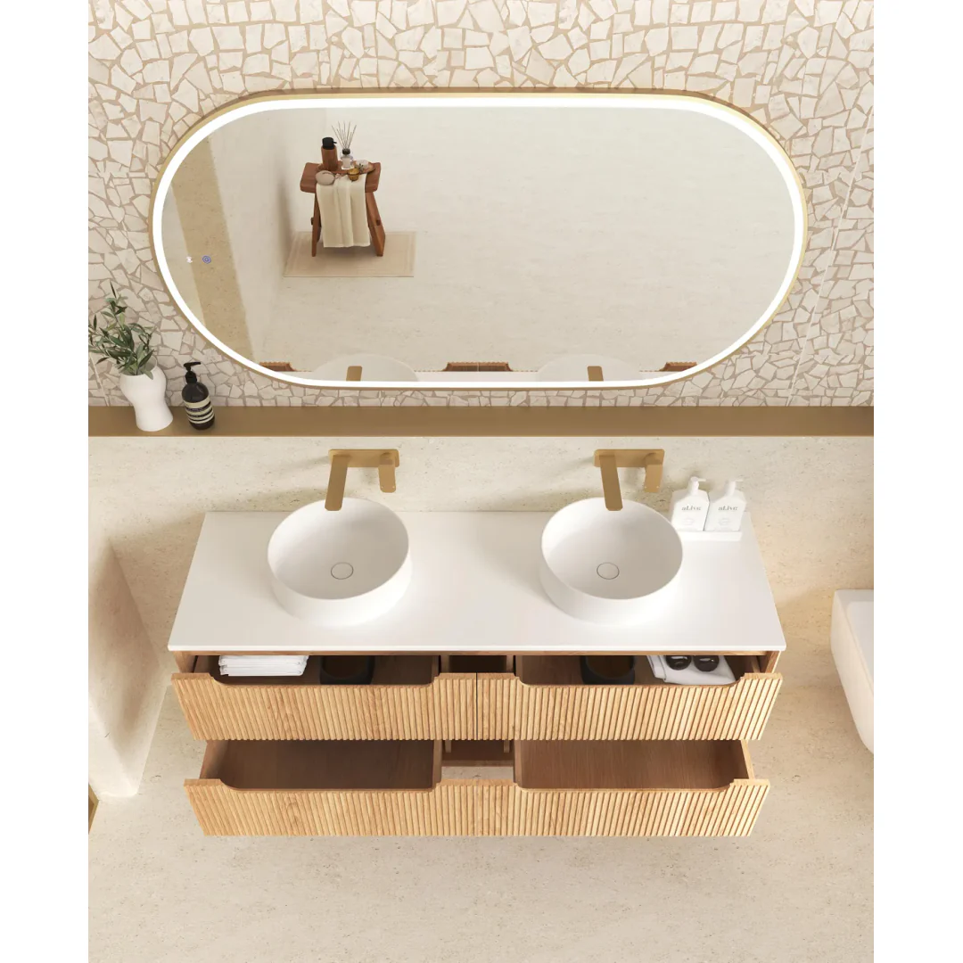 Otti Byron Fluted 1500 Woodland Oak Wall Hung Vanity With Cloudy Carrara Top - Image 4