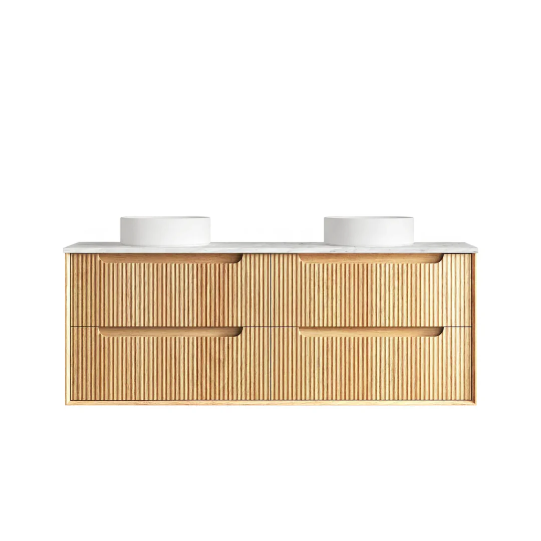 Otti Byron Fluted 1500 Woodland Oak Wall Hung Vanity With Woodland Carrara Marble Top