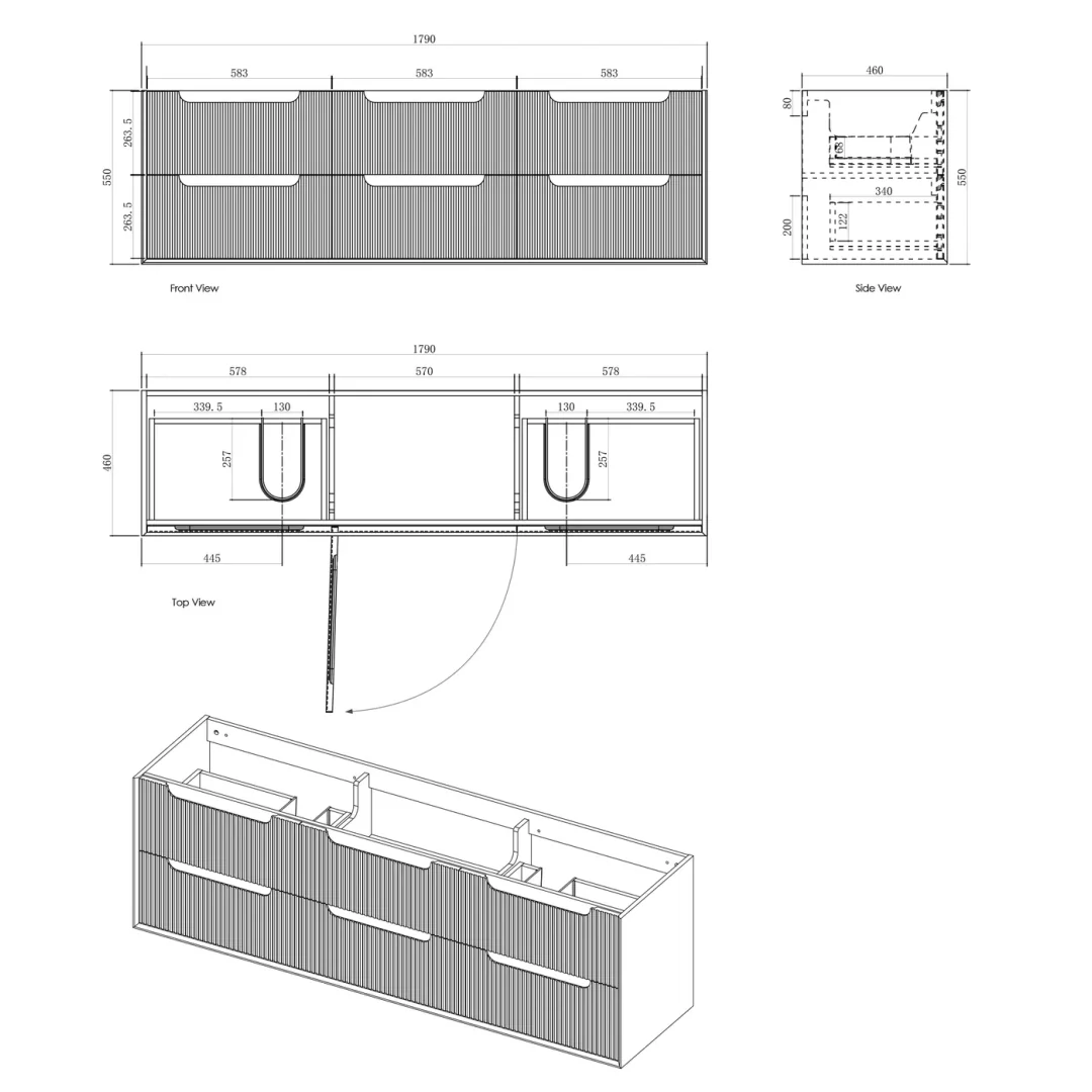 Otti Byron Fluted 1800 Woodland Oak Wall Hung Vanity With Woodland Carrara Marble Top - Image 2