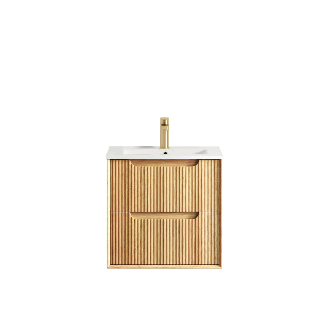 Otti Byron Fluted 600Mm Woodland Oak Wall Hung Vanity With Ceramic Top