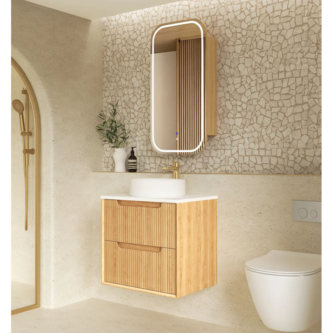 Otti Byron Fluted 600Mm Woodland Oak Wall Hung Vanity With Cloudy Carrara Top - Image 4