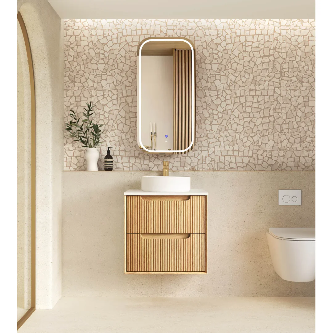 Otti Byron Fluted 600Mm Woodland Oak Wall Hung Vanity With Woodland Carrara Marble Top - Image 3