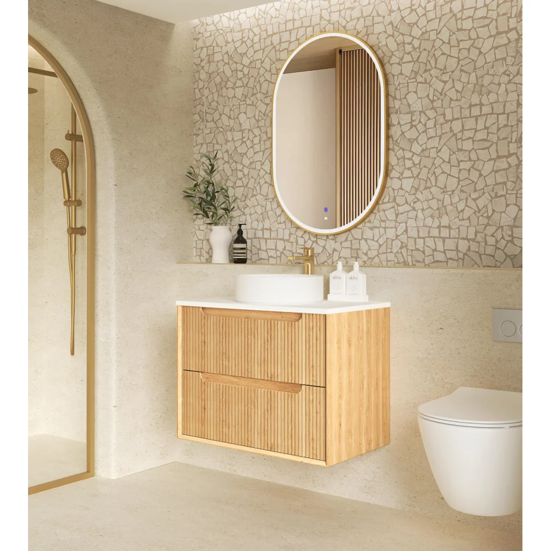 Otti Byron Fluted 750Mm Woodland Oak Wall Hung Vanity With Woodland Carrara Marble Top - Image 4