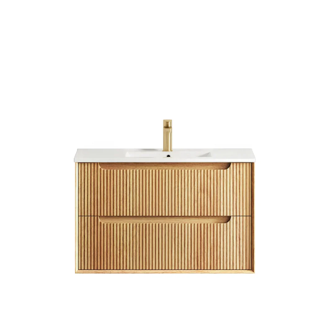 Otti Byron Fluted 900Mm Woodland Oak Wall Hung Vanity With Ceramic Top