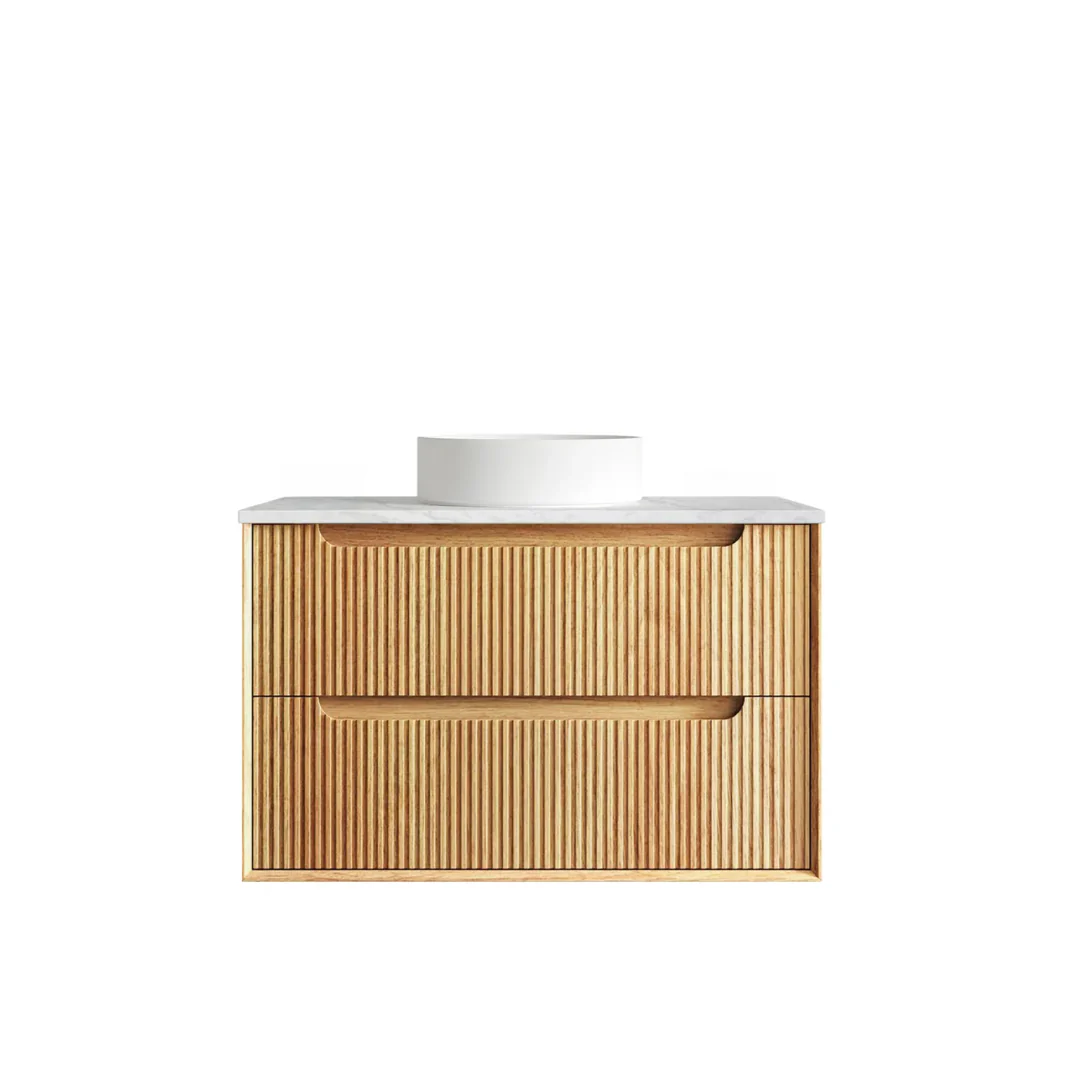 Otti Byron Fluted 900Mm Woodland Oak Wall Hung Vanity With Cloudy Carrara Top