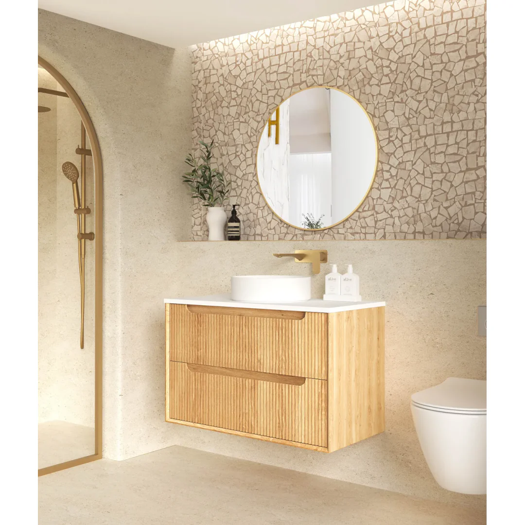 Otti Byron Fluted 900Mm Woodland Oak Wall Hung Vanity With Woodland Carrara Marble Top - Image 6