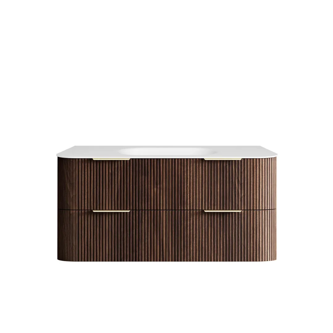 Otti Hanava 1200 Sable Walnut Fluted Fluted Wall Hung Curve Vanity With Chloe Silk Top