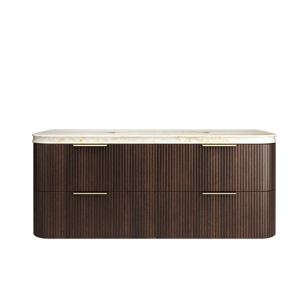 Otti Hanava 1500 Sable Walnut Fluted Wall Hung Curve Vanity With Sand Dune English Edge Top
