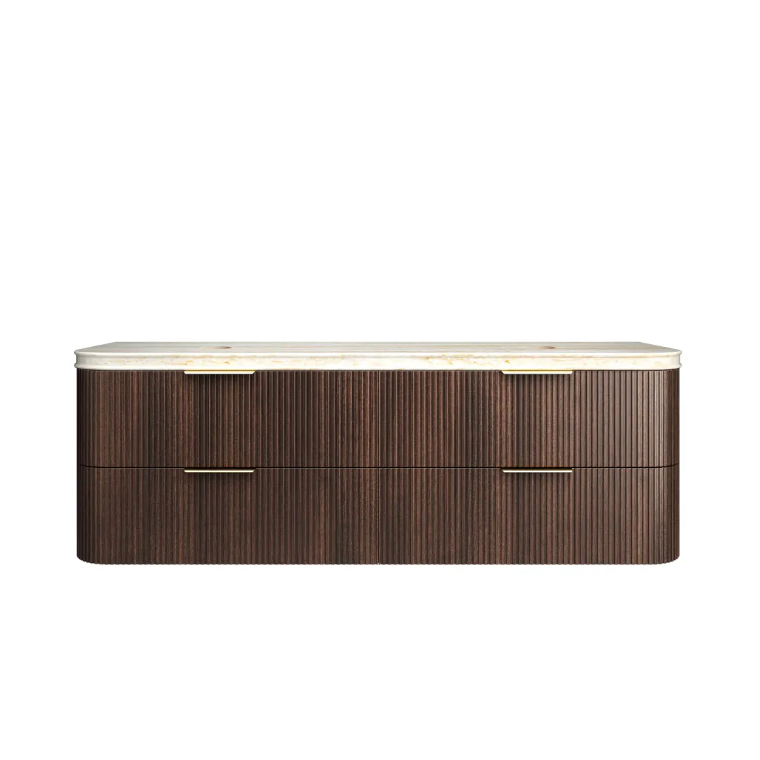Otti Hanava 1800 Sable Walnut Fluted Wall Hung Curve Vanity With Sand Dune English Edge Top