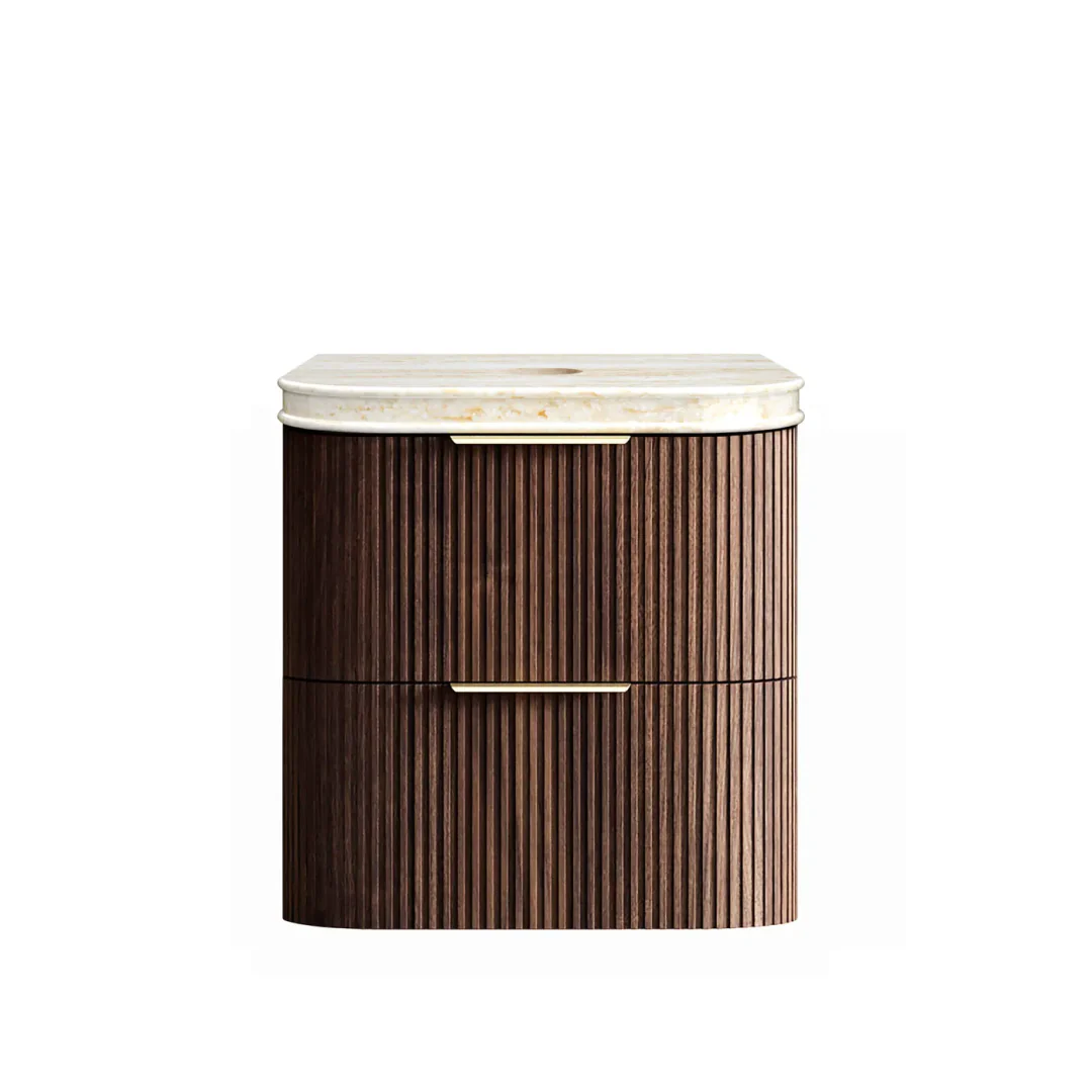 Otti Hanava 600 Sable Walnut Fluted Wall Hung Curve Vanity With Sand Dune English Edge Top