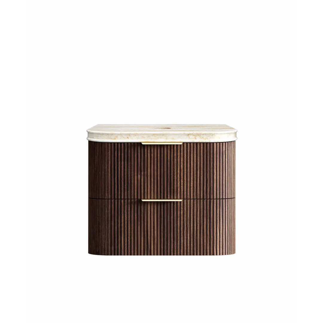 Otti Hanava 750 Sable Walnut Fluted Wall Hung Curve Vanity With Sand Dune English Edge Top