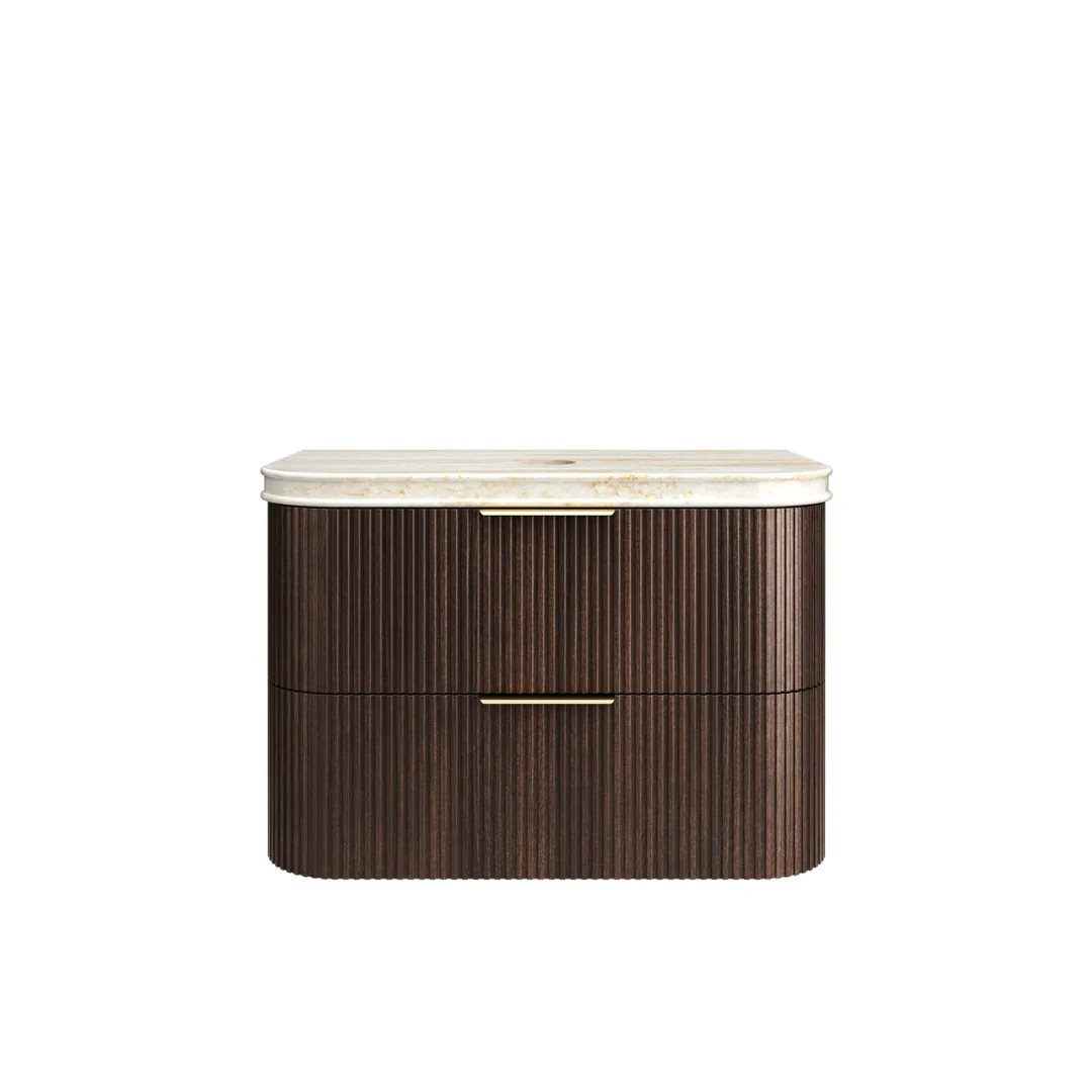 Otti Hanava 900 Sable Walnut Fluted Wall Hung Curve Vanity With Sand Dune English Edge Top