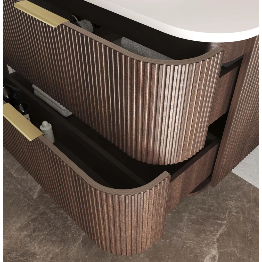 Otti Hanava 900 Sable Walnut Fluted Wall Hung Curve Vanity With Sand Dune English Edge Top - Image 5