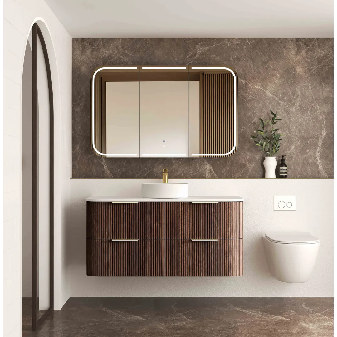 Otti Havana 1200 Sable Walnut Fluted Wall Hung Curve Vanity With Cloudy Carrara Top - Image 3