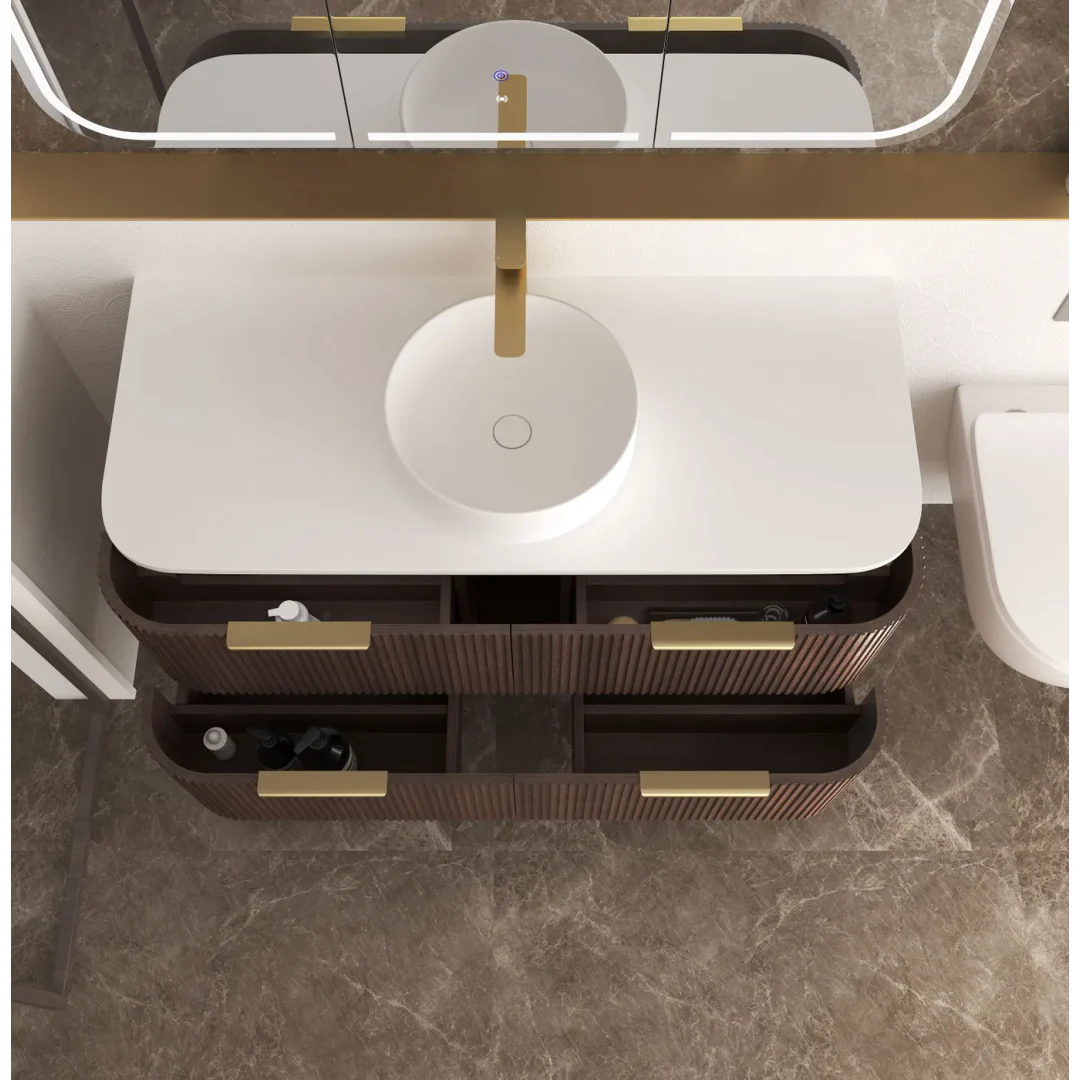 Otti Havana 1200 Sable Walnut Fluted Wall Hung Curve Vanity With Pure White Top - Image 4