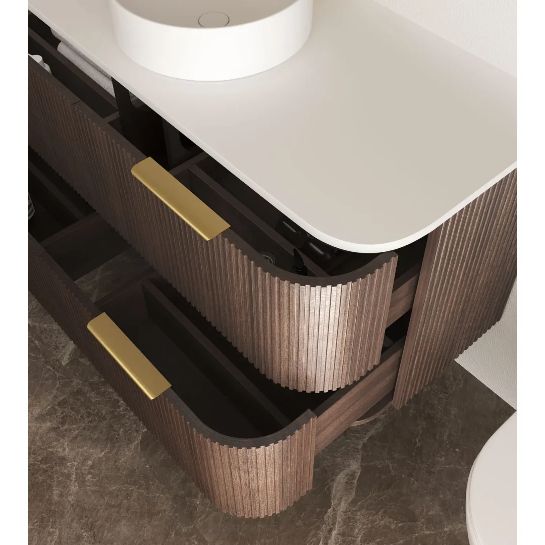 Otti Havana 1200 Sable Walnut Fluted Wall Hung Curve Vanity With Round Basin Moulded Top - Image 3