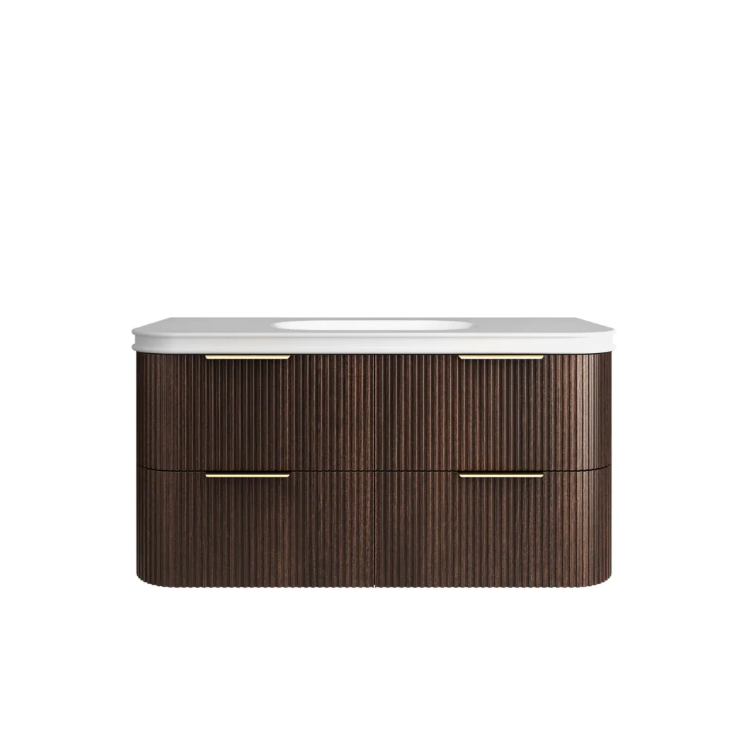 Otti Havana 1200 Sable Walnut Fluted Wall Hung Curve Vanity With Square Basin Moulded Top