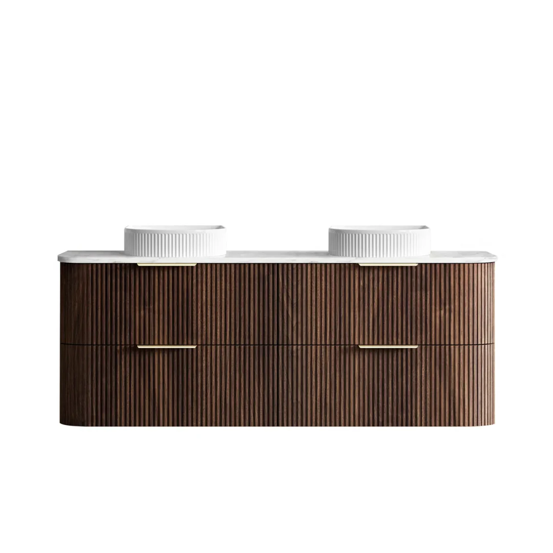 Otti Havana 1500 Sable Walnut Fluted Wall Hung Curve Vanity With Cloudy Carrara Top