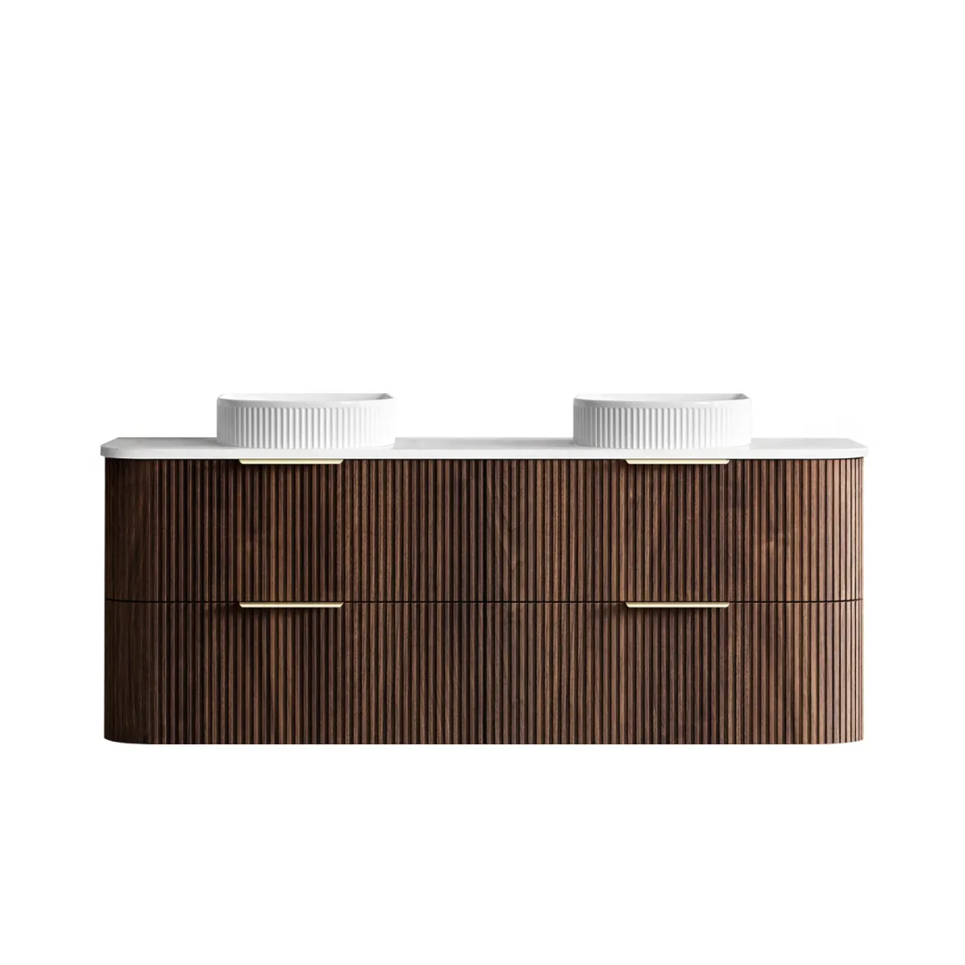 Otti Havana 1500 Sable Walnut Fluted Wall Hung Curve Vanity With Pure White Top