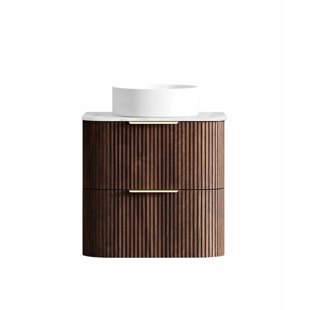 Otti Havana 600 Sable Walnut Fluted Wall Hung Curve Vanity With Cloudy Carrara Top