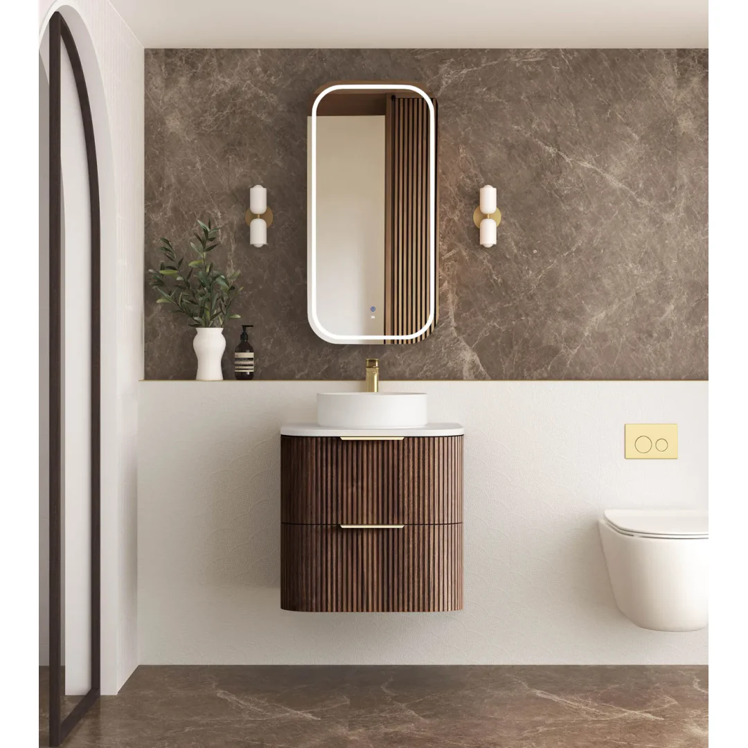 Otti Havana 600 Sable Walnut Fluted Wall Hung Curve Vanity With Cloudy Carrara Top - Image 3