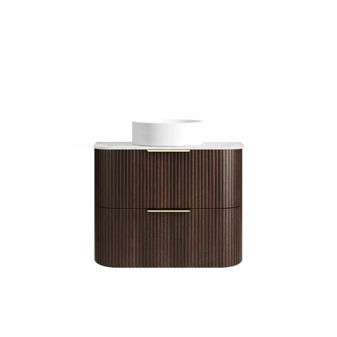 Otti Havana 750 Sable Walnut Fluted Wall Hung Curve Vanity With Cloudy Carrara Top