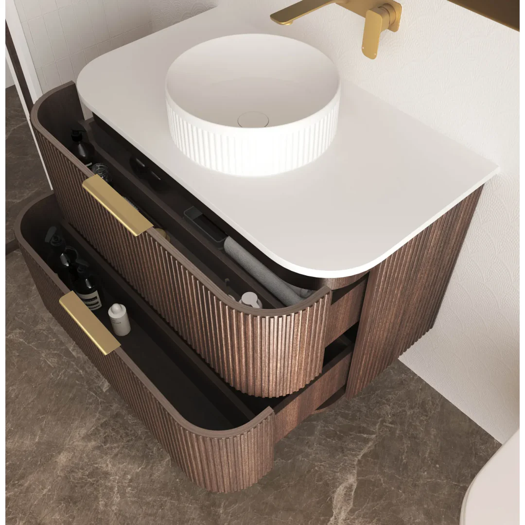 Otti Havana 750 Sable Walnut Fluted Wall Hung Curve Vanity With Pure White Top - Image 4